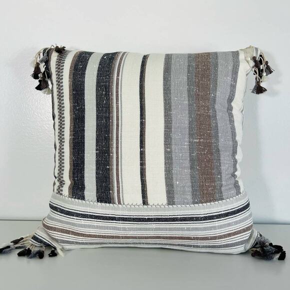 Anthropologie Hadley Throw Pillow Neutral & Blue Stripes with Tassels 18X18in - Picture 1 of 5